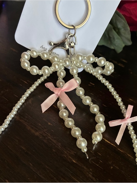 Handbags - Pearl Bow Keyring with Pink Ribbon Detail,Bag Charm.